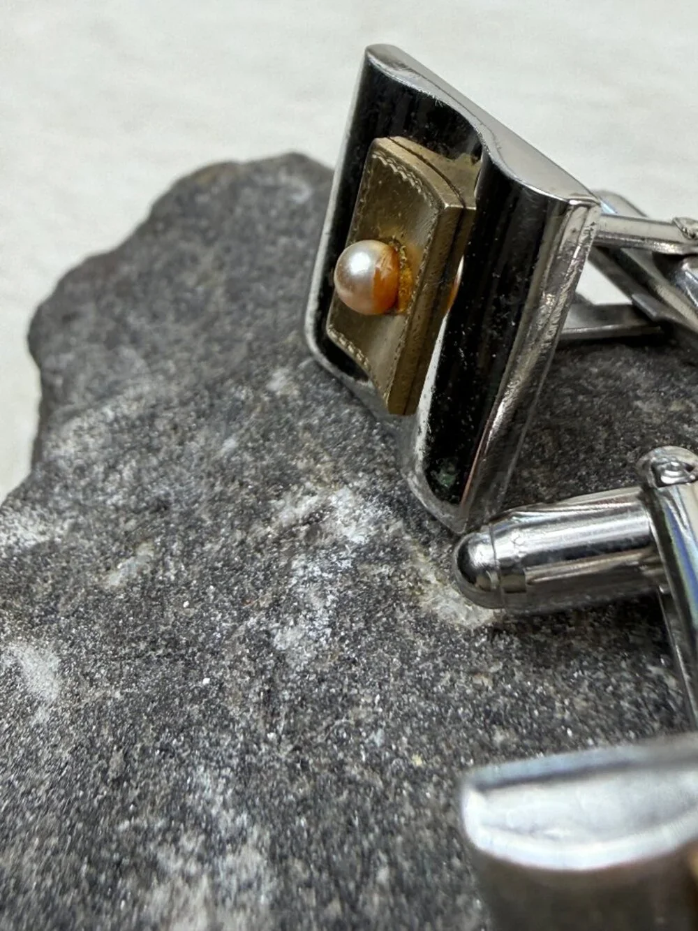 Vintage Anson Two Tone & Faux Pearl Men's Cuff Links Cufflinks Silver Gold